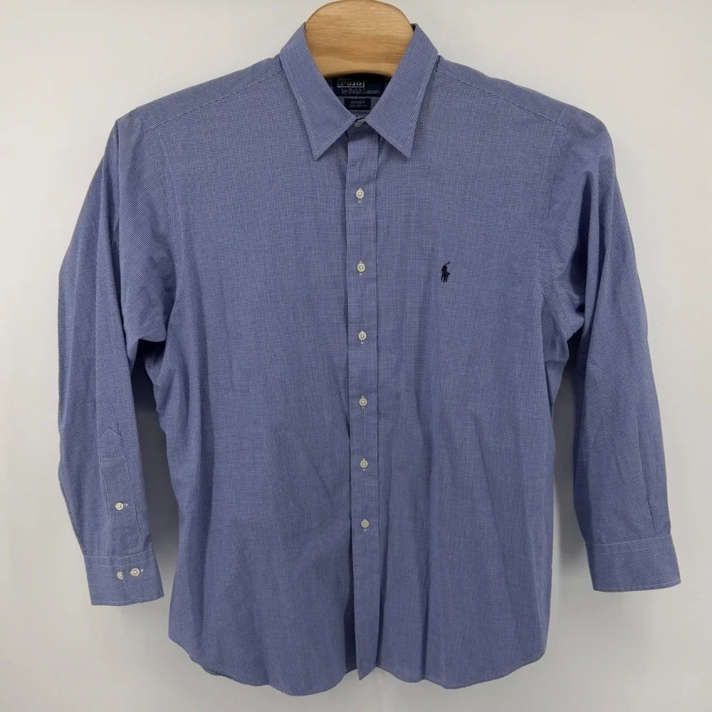 Polo Ralph Lauren Men Andrew Fit Gingham Dress Shirt Blue White Size 17 34/35 XL